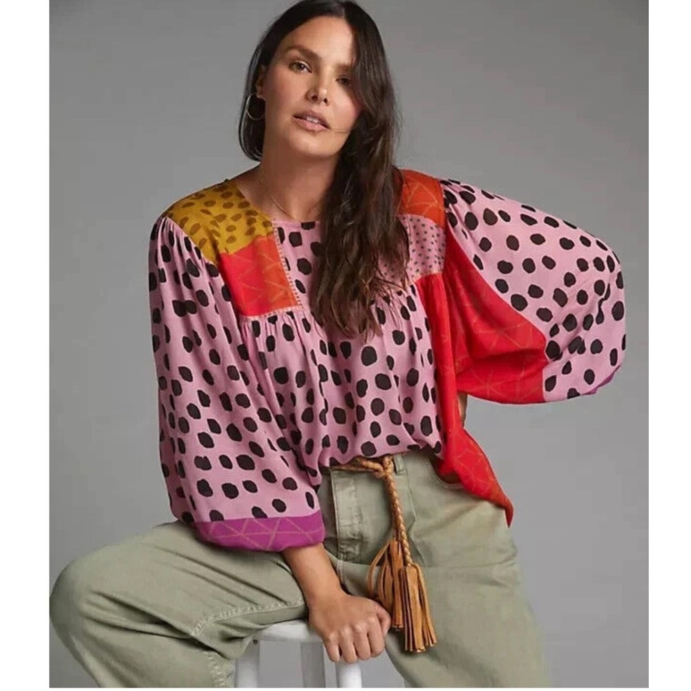 Blank London Anthropologie Top Medium Miranda Peasant Blouse Patchwork Boho Dots